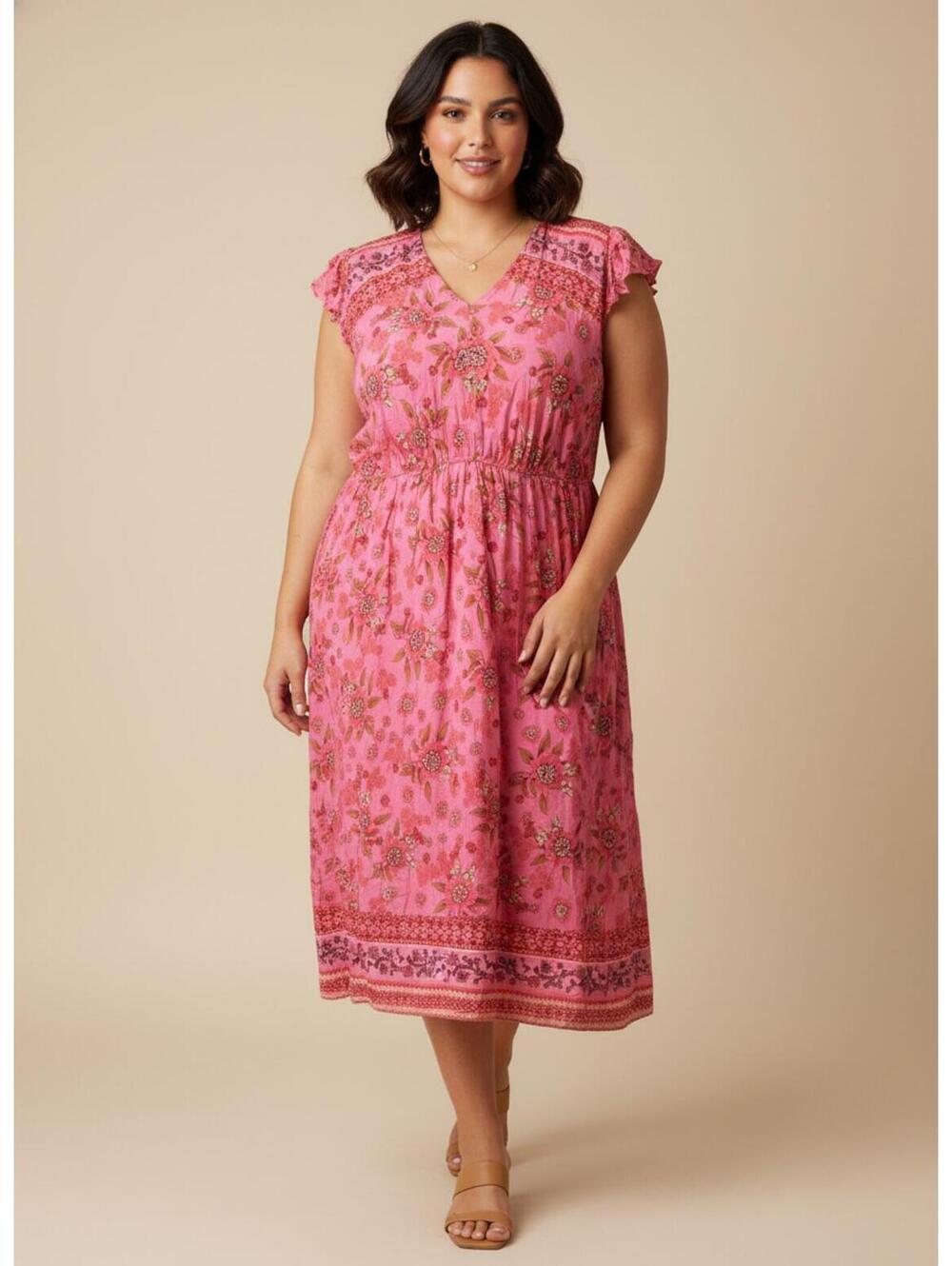 Rusttydustty Bohemian Pink Floral Maxi Dress with Ruffle Sleeves 2XL